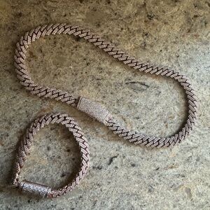 14kt rose gold diamond cuban link necklace and bracelet